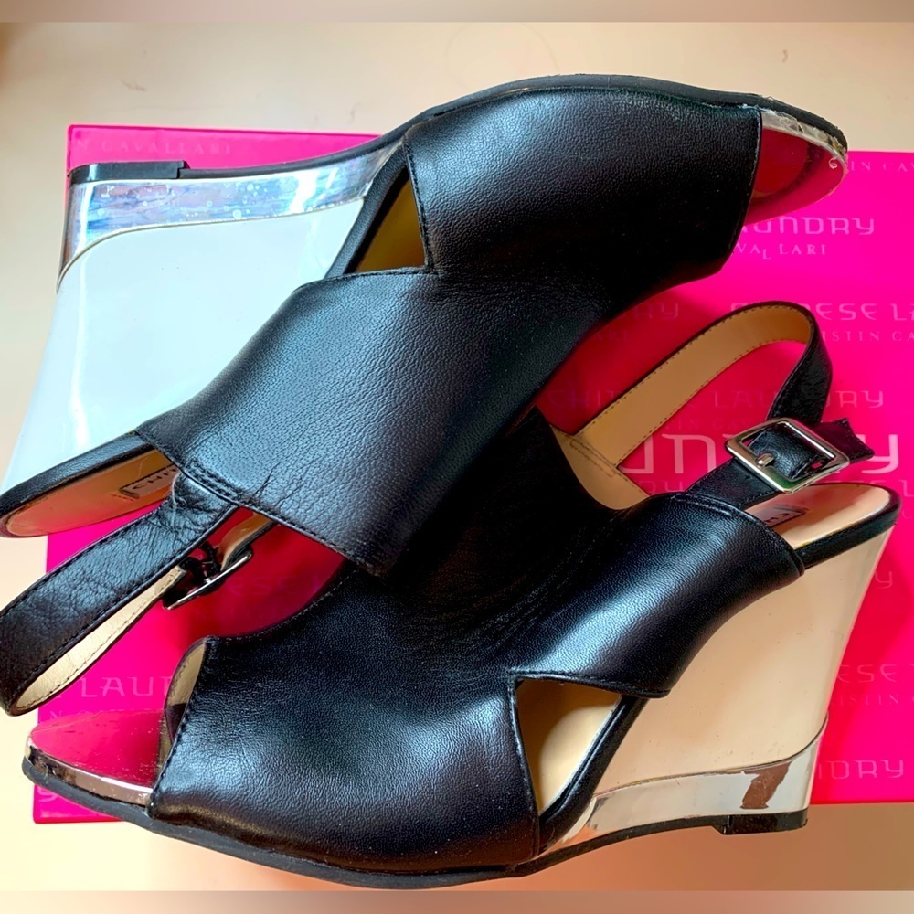 Kristin Cavallari Chinese Laundry Black&White Ankle Strap Wedges Chrome -size 9